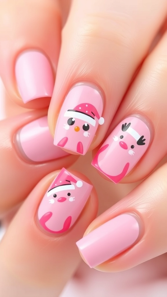 Close-up of pink Christmas gonk nail art with festive designs.